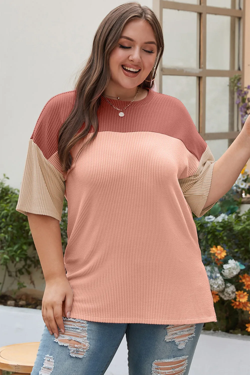 Rose Pink Plus Size Ribbed Colourblock T-shirt sold by eAura