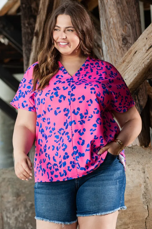 Rose Contrast Leopard Print Plus Size V Neck Blouse sold by eAura