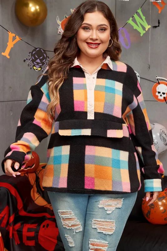 Black Plus Size Checkered Print Sherpa Henley Sweatshirt sold by eAura