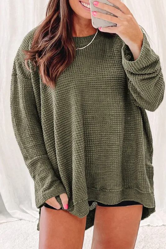 Moss Green Plus Size Textured Knit Long Sleeve Top sold by eAura