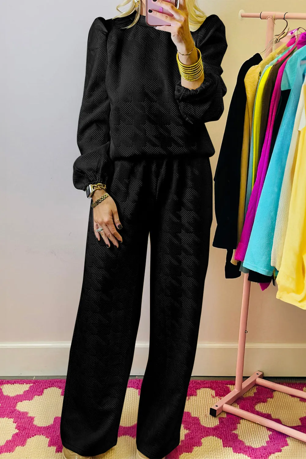 Black Textured Puff Sleeve Top and Trousers Set sold by eAura