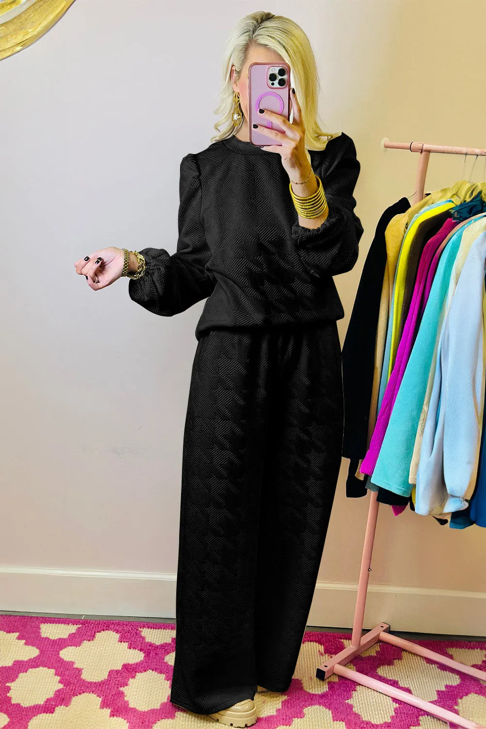Black Textured Puff Sleeve Top and Trousers Set sold by eAura product image thumbnail 2