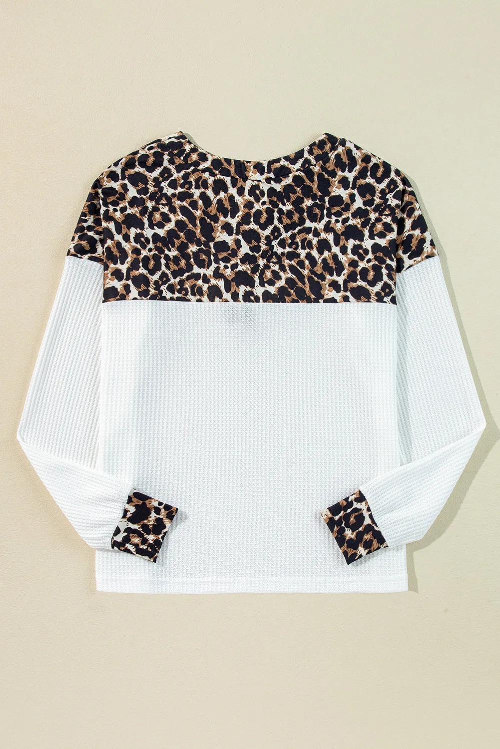 White Leopard Waffle Knit Patchwork Button V Neck Top sold by eAura product image thumbnail 5