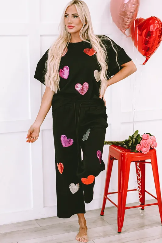 Black Sequin Heart Popping Graphic Textured 2pcs Outfit sold by eAura