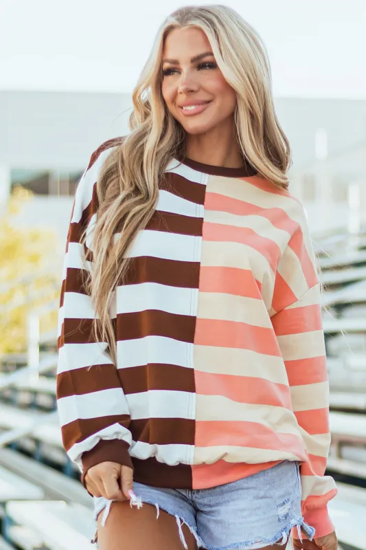 Brown Stripe Colour Block Drop Shoulder Pullover Sweatshirt sold by eAura