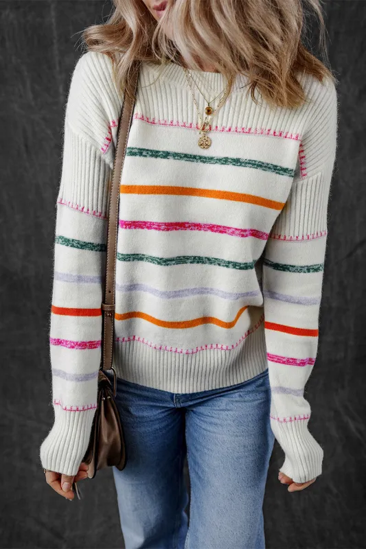 White Colourful Striped Ribbed Trim Sweater sold by eAura