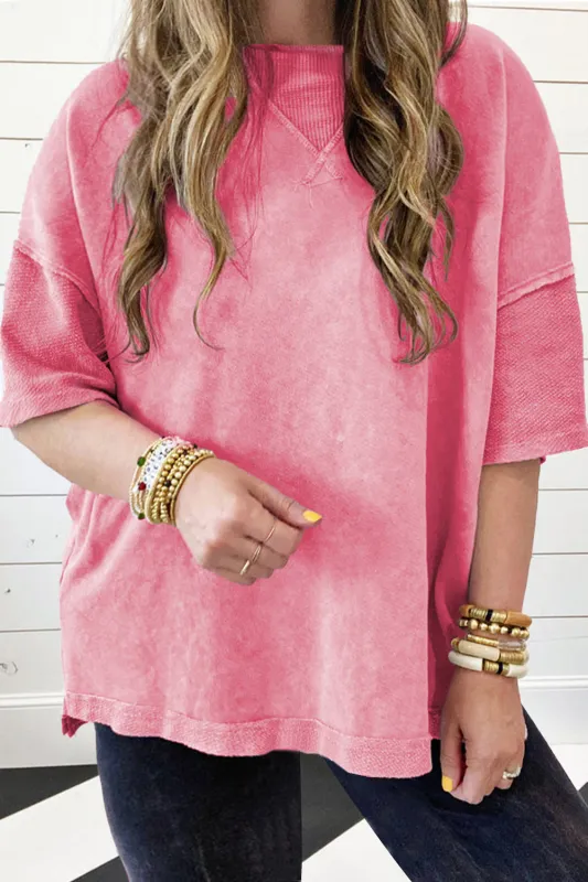 Strawberry Pink Mineral Wash Drop Sleeve Patchwork Plus Tee sold by eAura