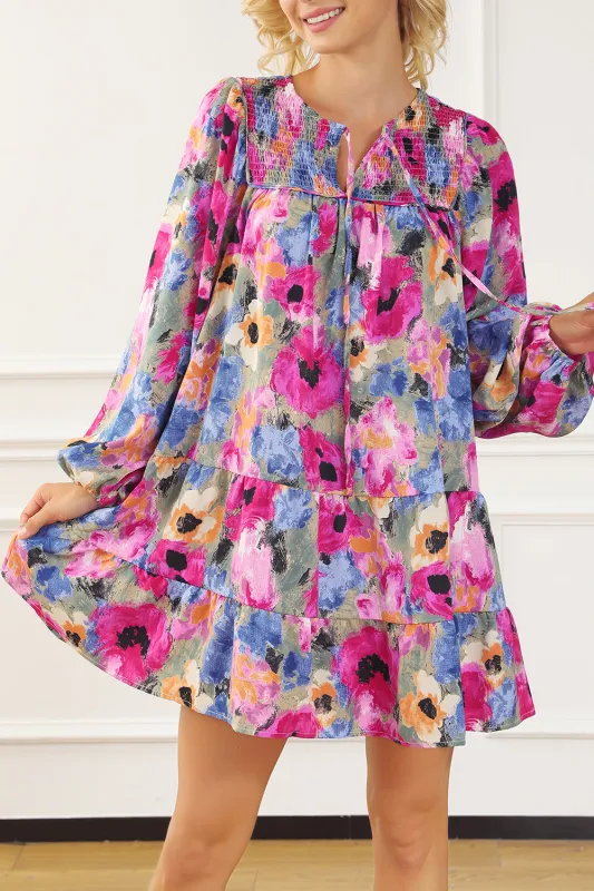 Multicolour Floral Tie Neck Bubble Sleeve Shift Dress sold by eAura