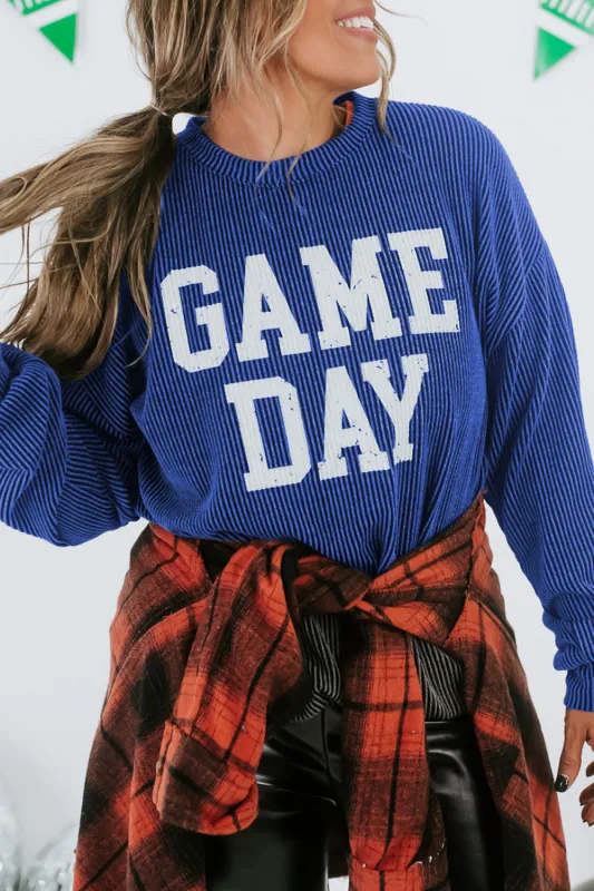 Bluing Ribbed GAME DAY Graphic Long Sleeve Crewneck Top sold by eAura