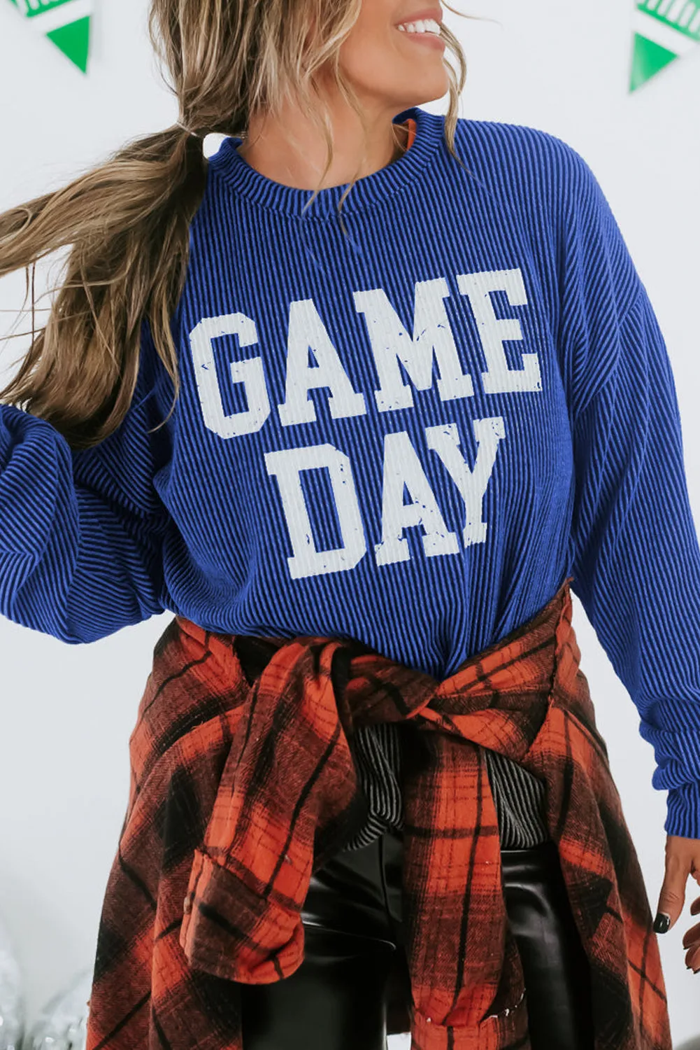 Bluing Ribbed GAME DAY Graphic Long Sleeve Crewneck Top sold by eAura