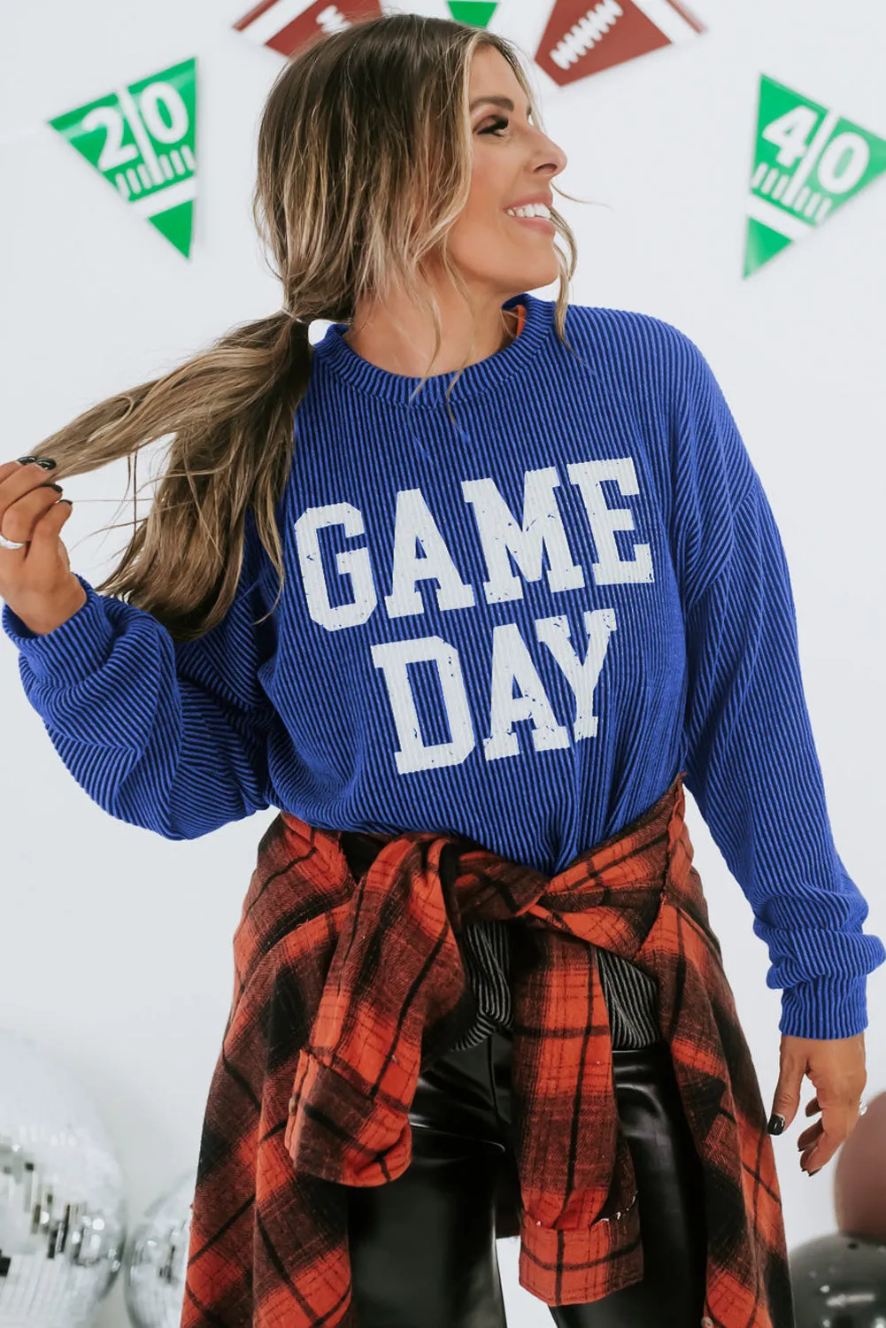 Bluing Ribbed GAME DAY Graphic Long Sleeve Crewneck Top sold by eAura product image thumbnail 2