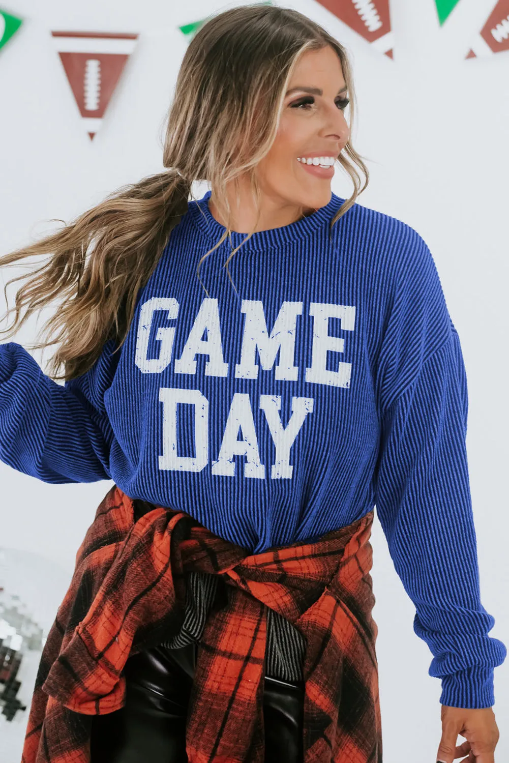 Bluing Ribbed GAME DAY Graphic Long Sleeve Crewneck Top sold by eAura product image thumbnail 3