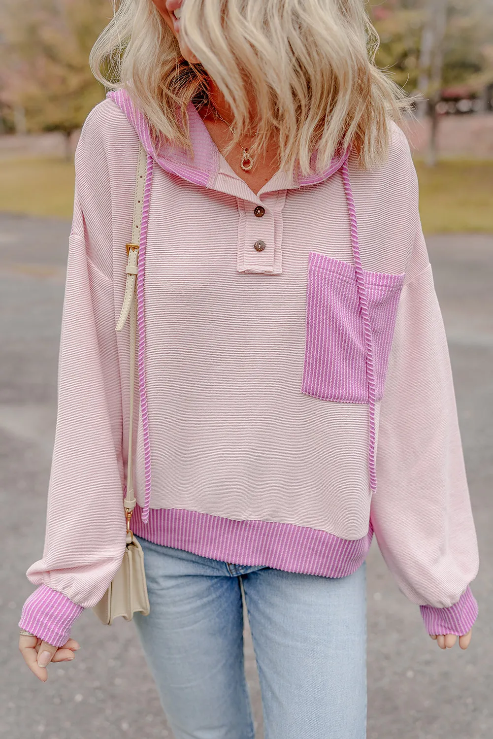 Light Pink Ribbed Colourblock Patch Pocket Drawstring Hooded Top sold by eAura product image thumbnail 3