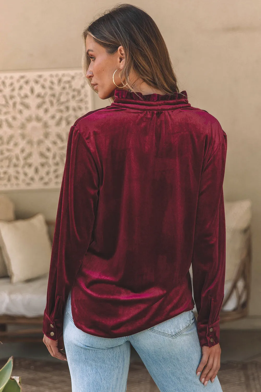 Burgundy Frilled Neck Buttoned Front Velvet Top sold by eAura product image thumbnail 5