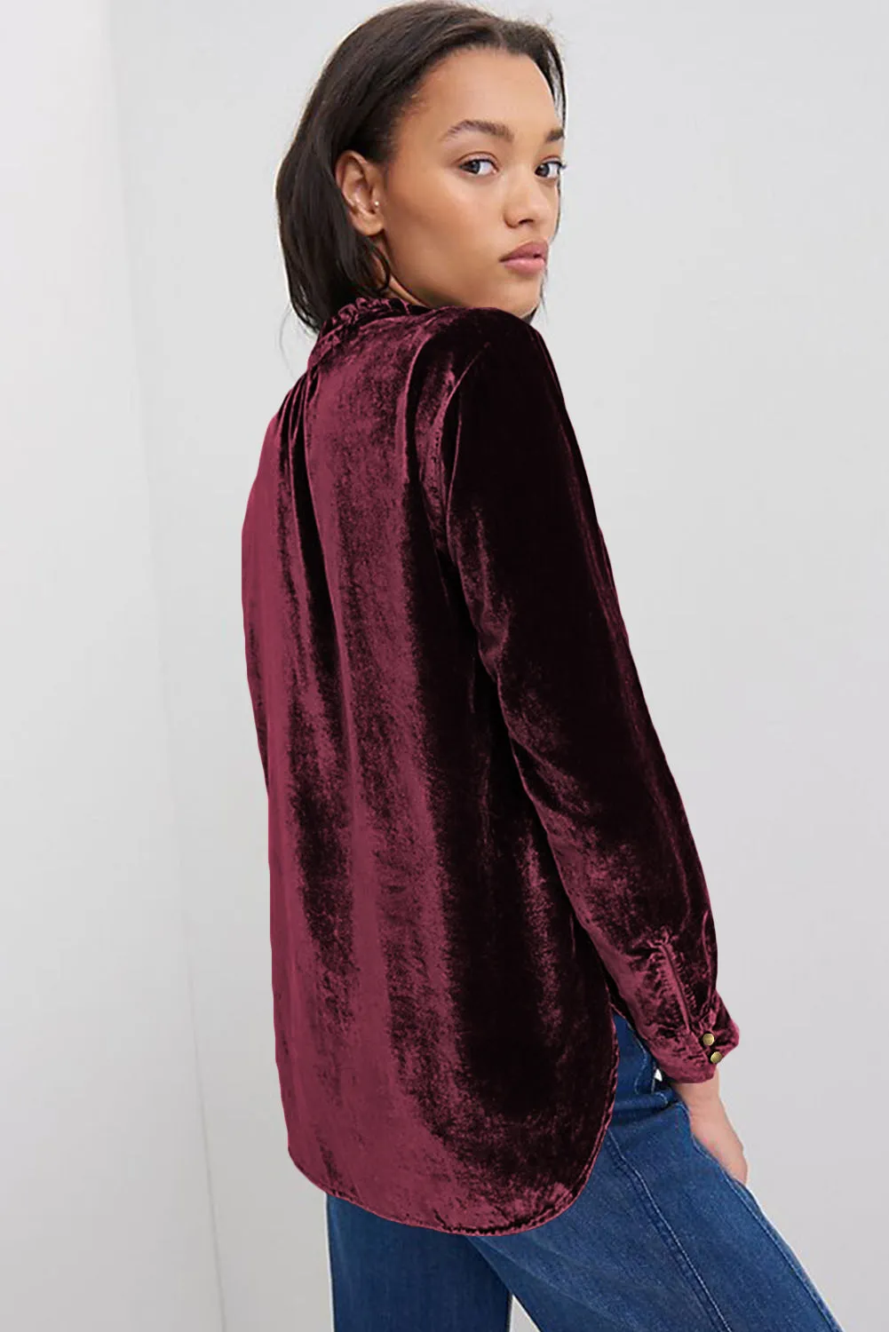 Burgundy Frilled Neck Buttoned Front Velvet Top sold by eAura product image thumbnail 2