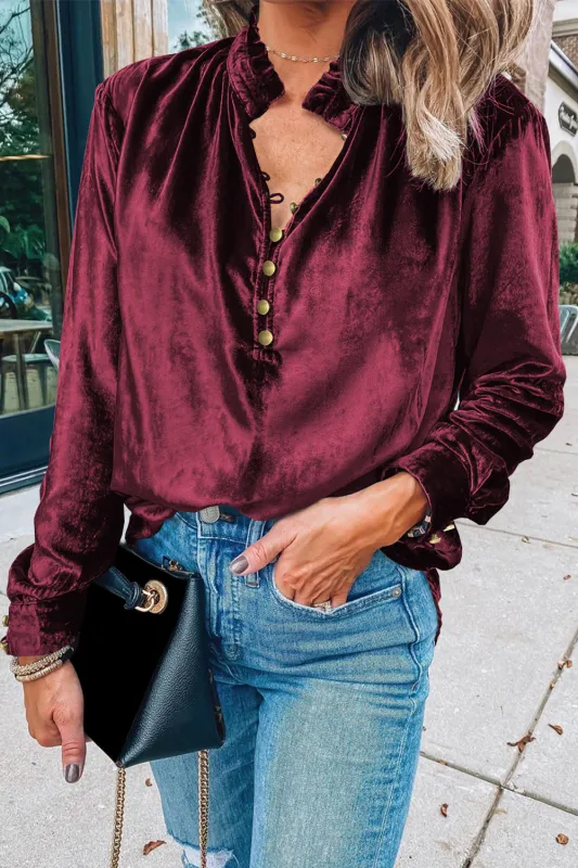 Burgundy Frilled Neck Buttoned Front Velvet Top sold by eAura