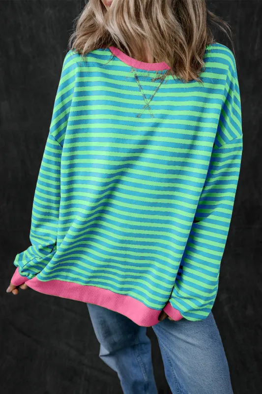 Sky Blue Stripe Oversized Contrast Trim Pullover Sweatshirt sold by eAura