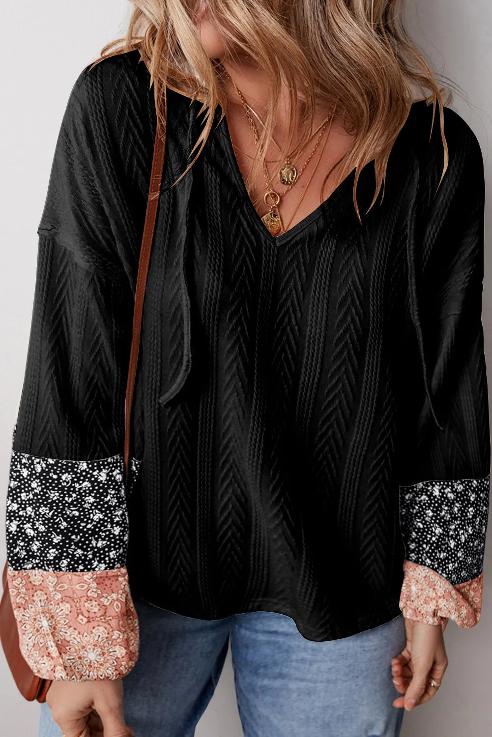 Floral Patchwork Textured Knit Drawstring V-Neck Long Sleeve Top sold by eAura product image thumbnail 2