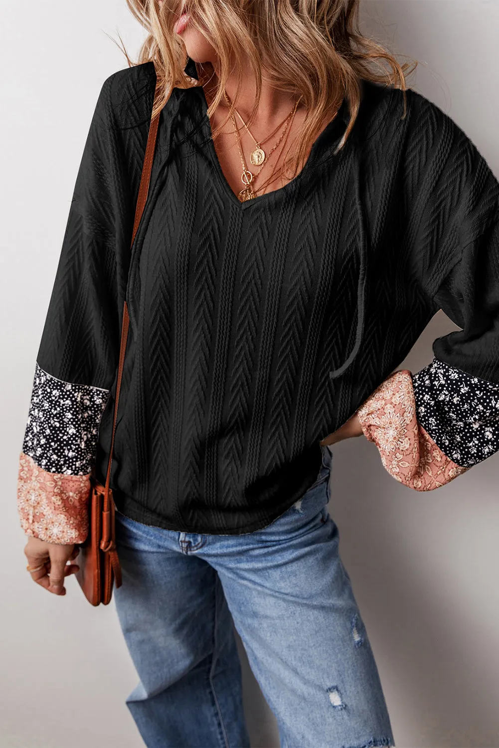 Floral Patchwork Textured Knit Drawstring V-Neck Long Sleeve Top sold by eAura product image thumbnail 5