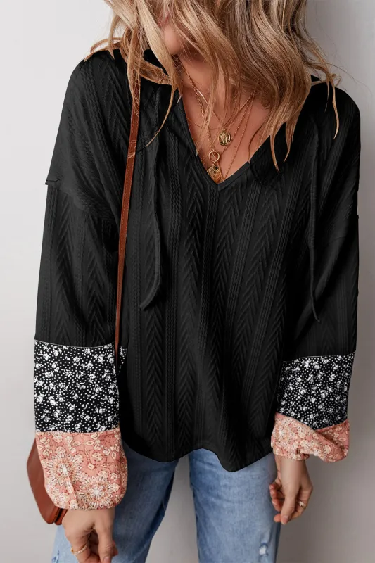 Floral Patchwork Textured Knit Drawstring V-Neck Long Sleeve Top sold by eAura