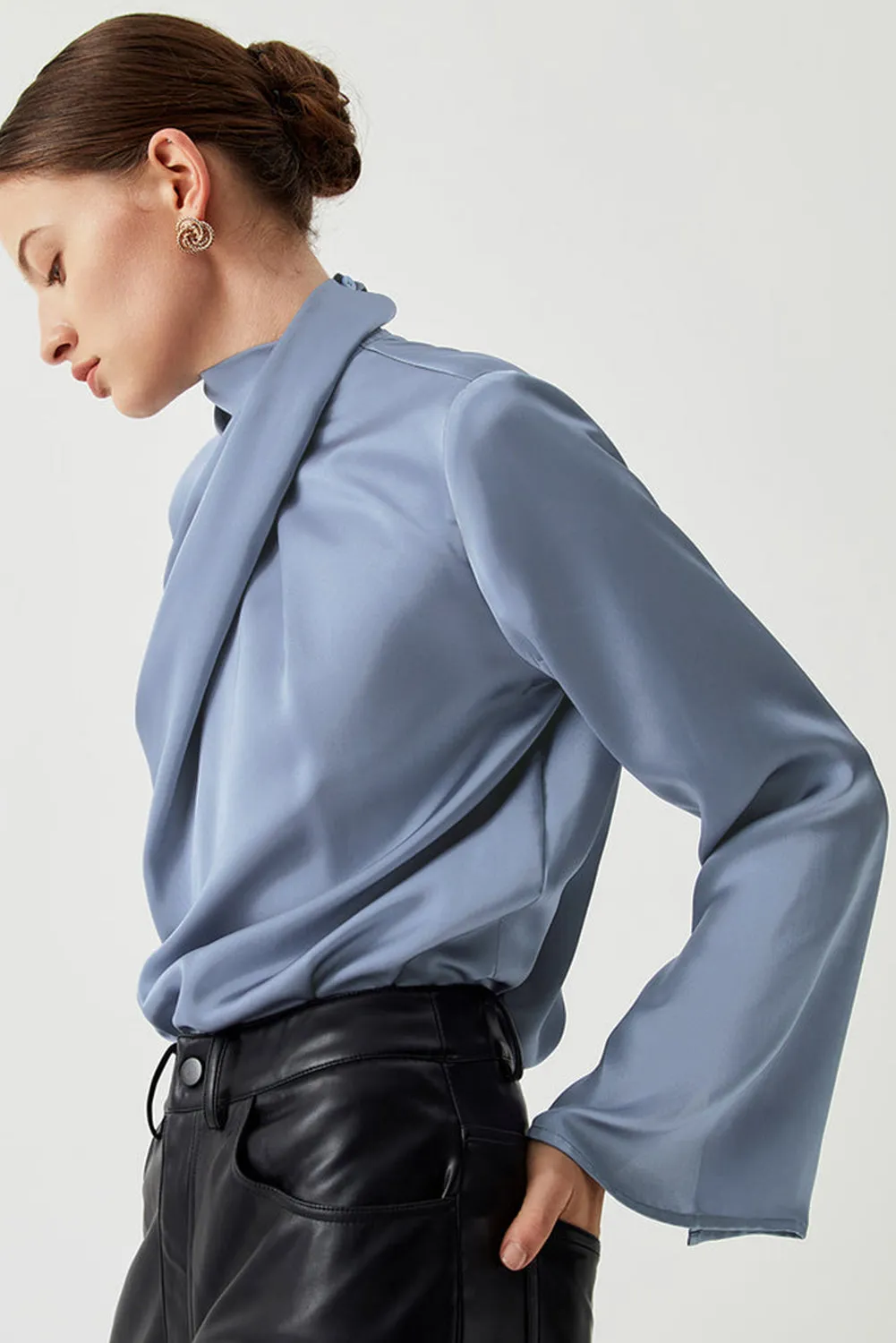 Ivy Asymmetric Pleated Turtleneck Bell Sleeve Blouse sold by eAura product image thumbnail 3