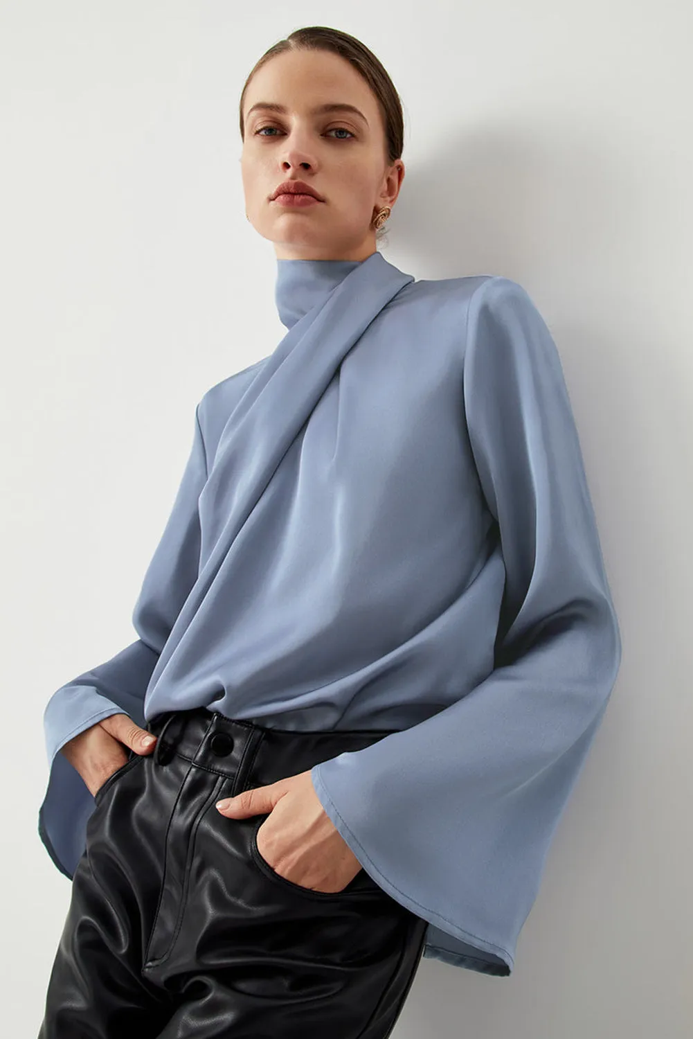 Ivy Asymmetric Pleated Turtleneck Bell Sleeve Blouse sold by eAura product image thumbnail 5
