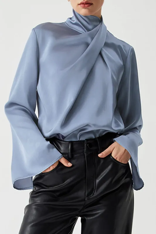 Ivy Asymmetric Pleated Turtleneck Bell Sleeve Blouse sold by eAura