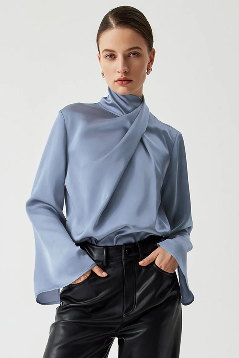 Ivy Asymmetric Pleated Turtleneck Bell Sleeve Blouse sold by eAura product image thumbnail 4