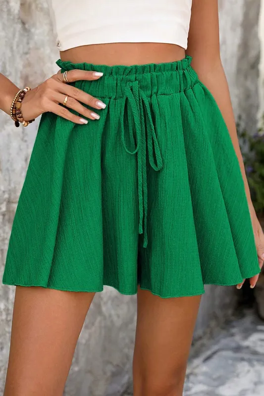 Dark Green Textured Frilled Lace-up High Waist Ruffle Wide Leg Shorts sold by eAura