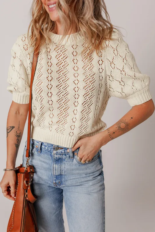 Beige Hollowed Pattern Knit Short Puff Sleeve Sweater sold by eAura