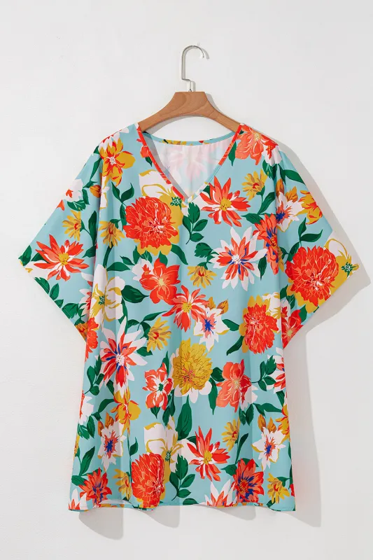 Sky Blue Plus Size Floral Print V Neck Batwing Sleeve Blouse sold by eAura