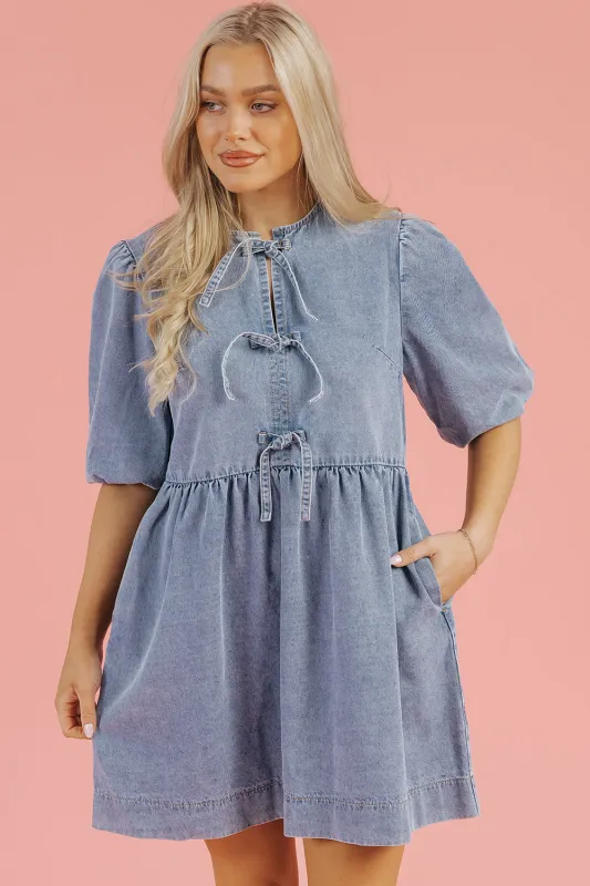 Dusk Blue Bowknot Bubble Sleeve Short Denim Dress sold by eAura