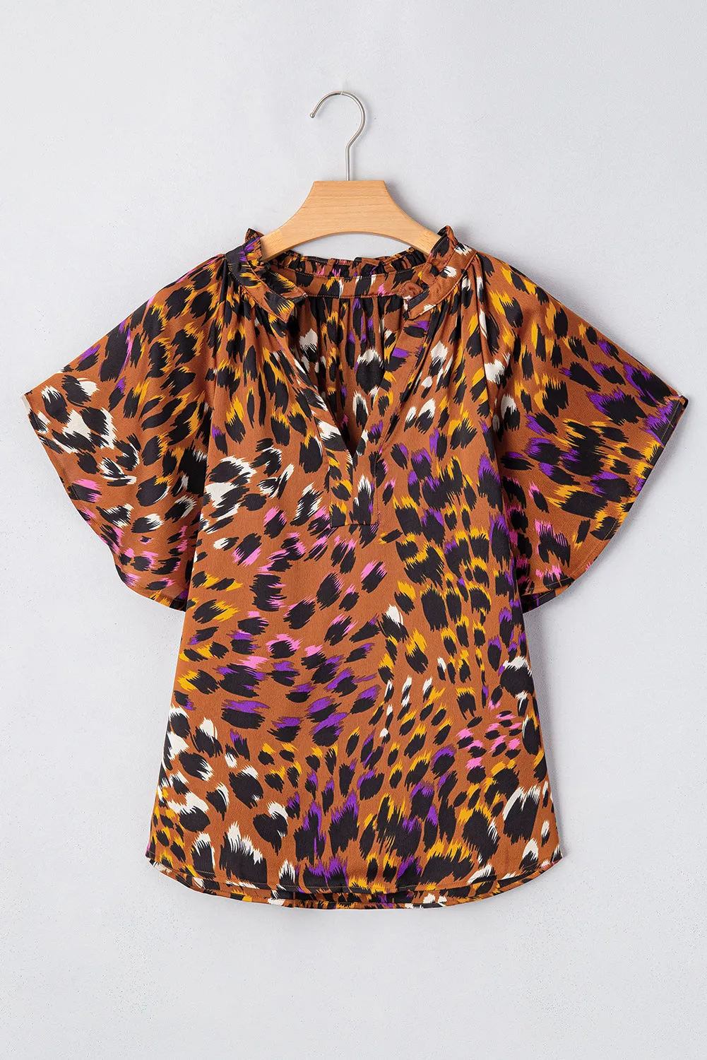 Orange Leopard Printed Draped Short Sleeve Slit V Neck Blouse sold by eAura product image thumbnail 5
