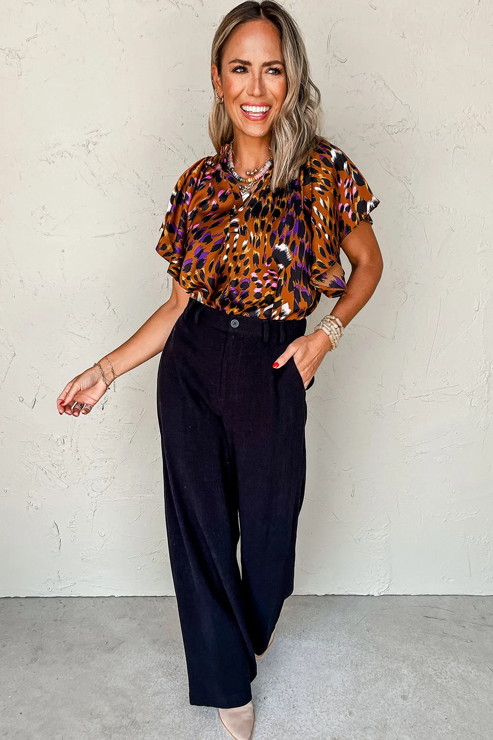 Orange Leopard Printed Draped Short Sleeve Slit V Neck Blouse sold by eAura product image thumbnail 4