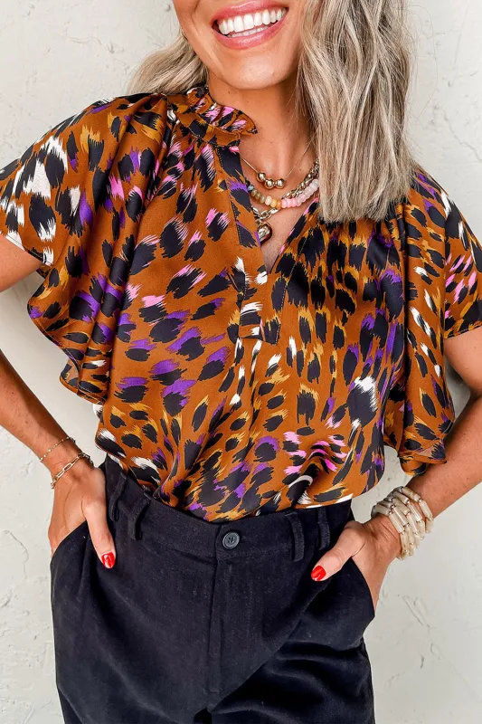 Orange Leopard Printed Draped Short Sleeve Slit V Neck Blouse sold by eAura