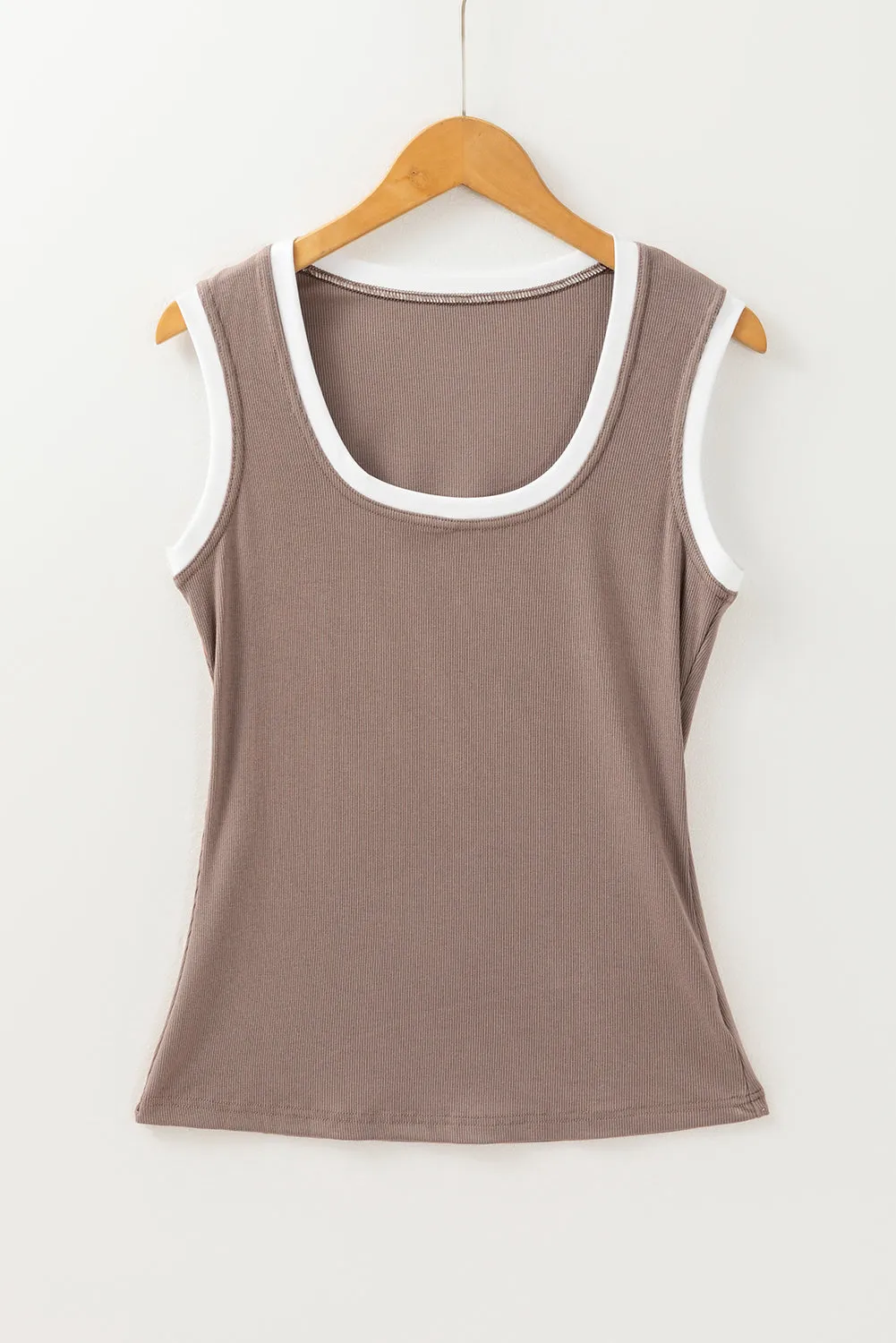 Smoke Grey Ribbed Knit Colourblock Edge U Neck Slim Fit Tank Top sold by eAura product image thumbnail 4