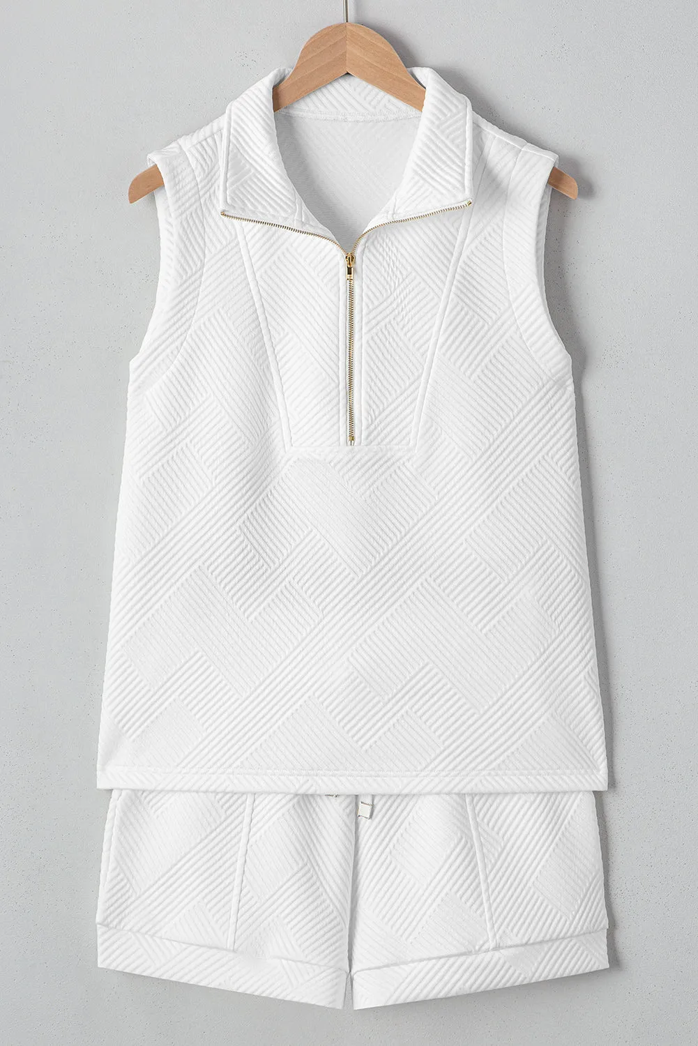 White Textured Half Zip Tank Top Drawstring Shorts Set sold by eAura product image thumbnail 4