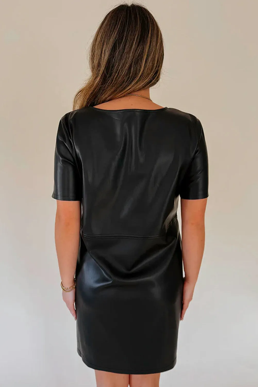Black Faux Leather Loose T-shirt Dress sold by eAura product image thumbnail 2