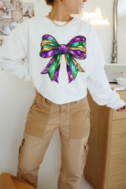 White Mardi Gras Bow Graphic Drop Shoulder Sweatshirt made by eAura