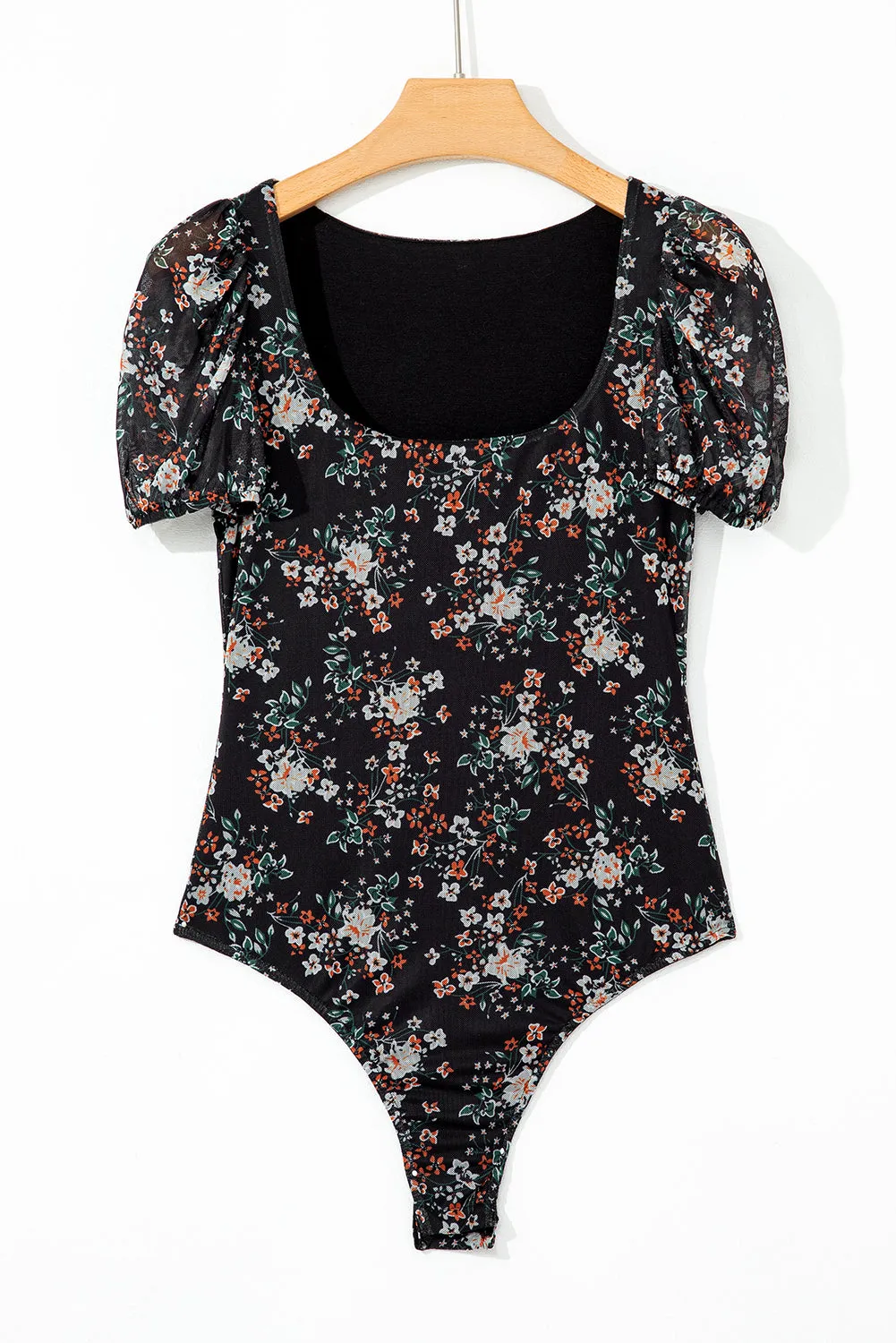 Black Floral Print U Neck Short Puff Sleeve Bodysuit sold by eAura product image thumbnail 5