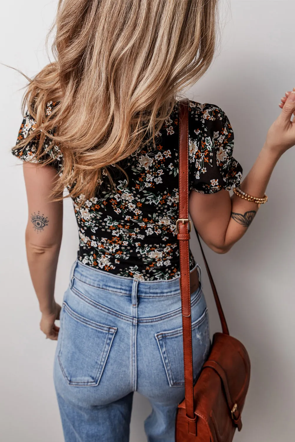 Black Floral Print U Neck Short Puff Sleeve Bodysuit sold by eAura product image thumbnail 2