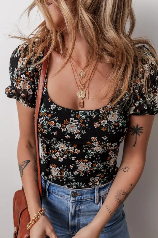 Black Floral Print U Neck Short Puff Sleeve Bodysuit sold by eAura