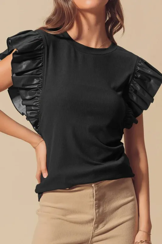 Black Leather Ruffle Sleeve Patchwork Round Neck Blouse sold by eAura