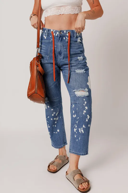 Ashleigh Blue Ripped Splattering Paint Rope Waist Cropped Straight Jeans sold by eAura