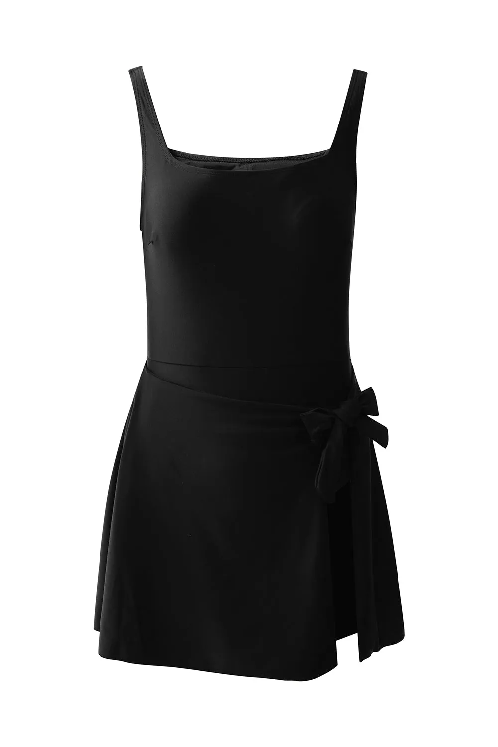 Black Side Tied Waist Square Neck Adjustable Straps A-line One Piece Swim Dress sold by eAura