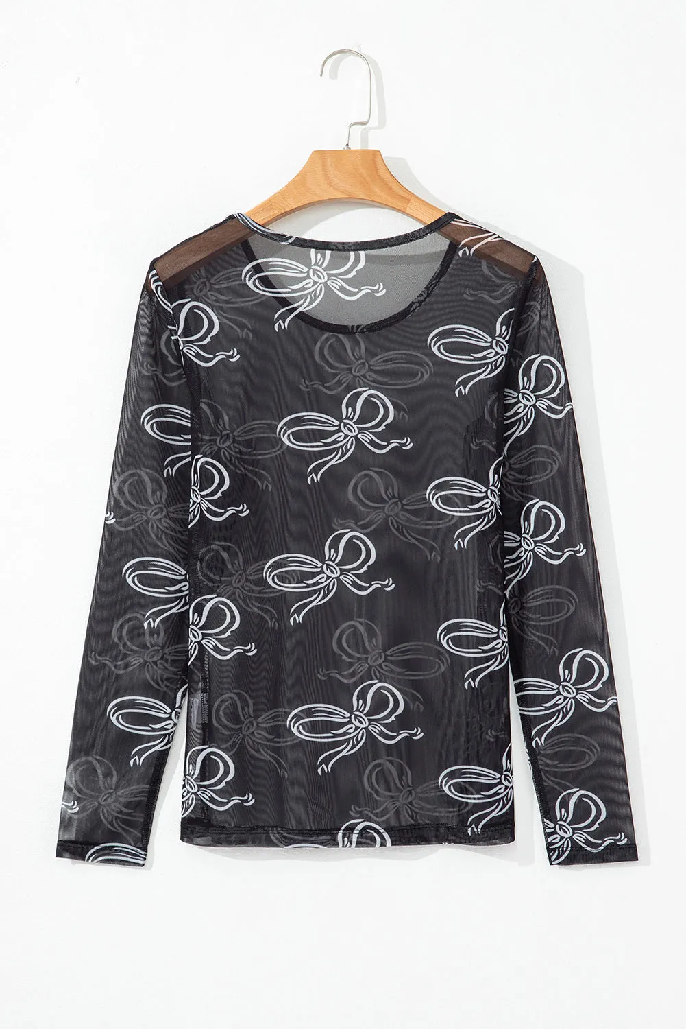 Black Round Neck Bow Print Long Sleeve Mesh Top sold by eAura product image thumbnail 5