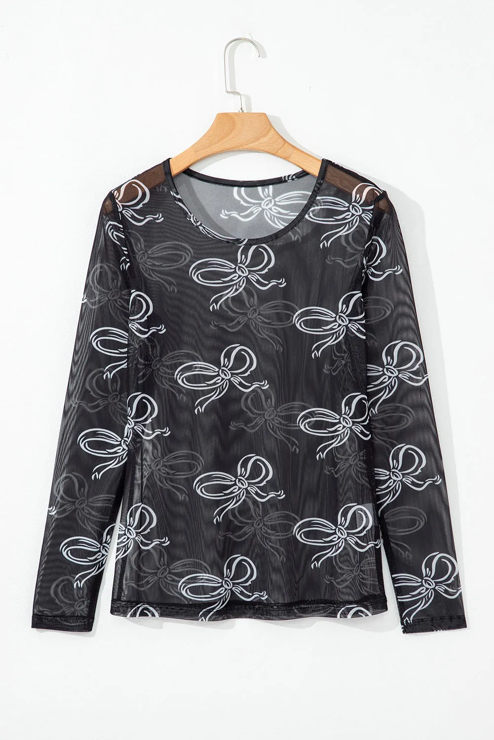 Black Round Neck Bow Print Long Sleeve Mesh Top sold by eAura product image thumbnail 4