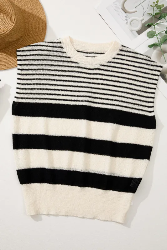 Black white Striped O Neck Sweater Vest sold by eAura