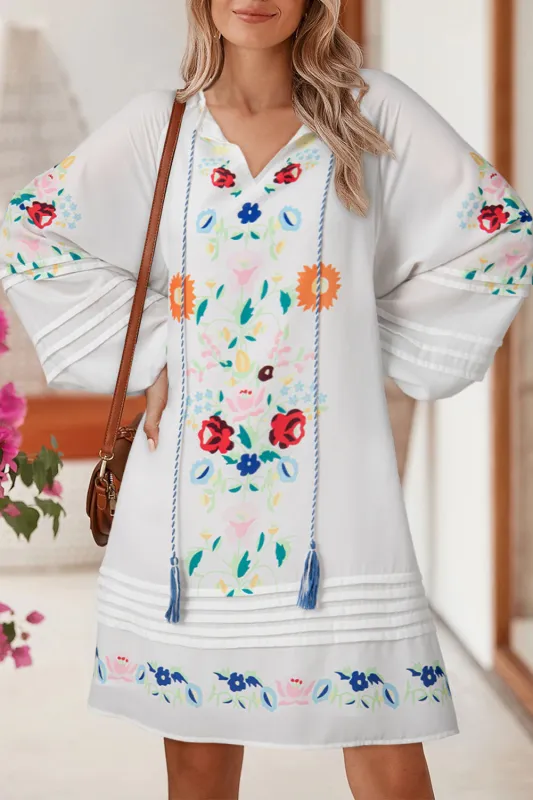 White Floral Print Boho Tassel Tie Split Neck Tucking Detail Puff Sleeve Mini Dress sold by eAura