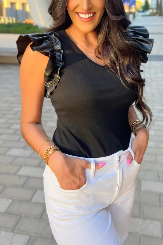 Black Leatherette Ruffle Patchwork Ribbed V Neck Bodysuit sold by eAura